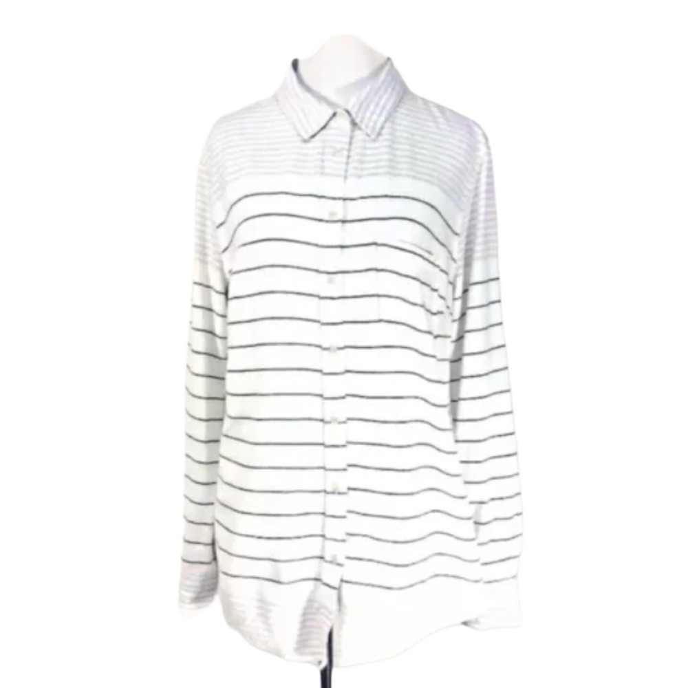Merona Striped Gray White‎ Button Up 100% Gauze Type Cotton Blouse Large